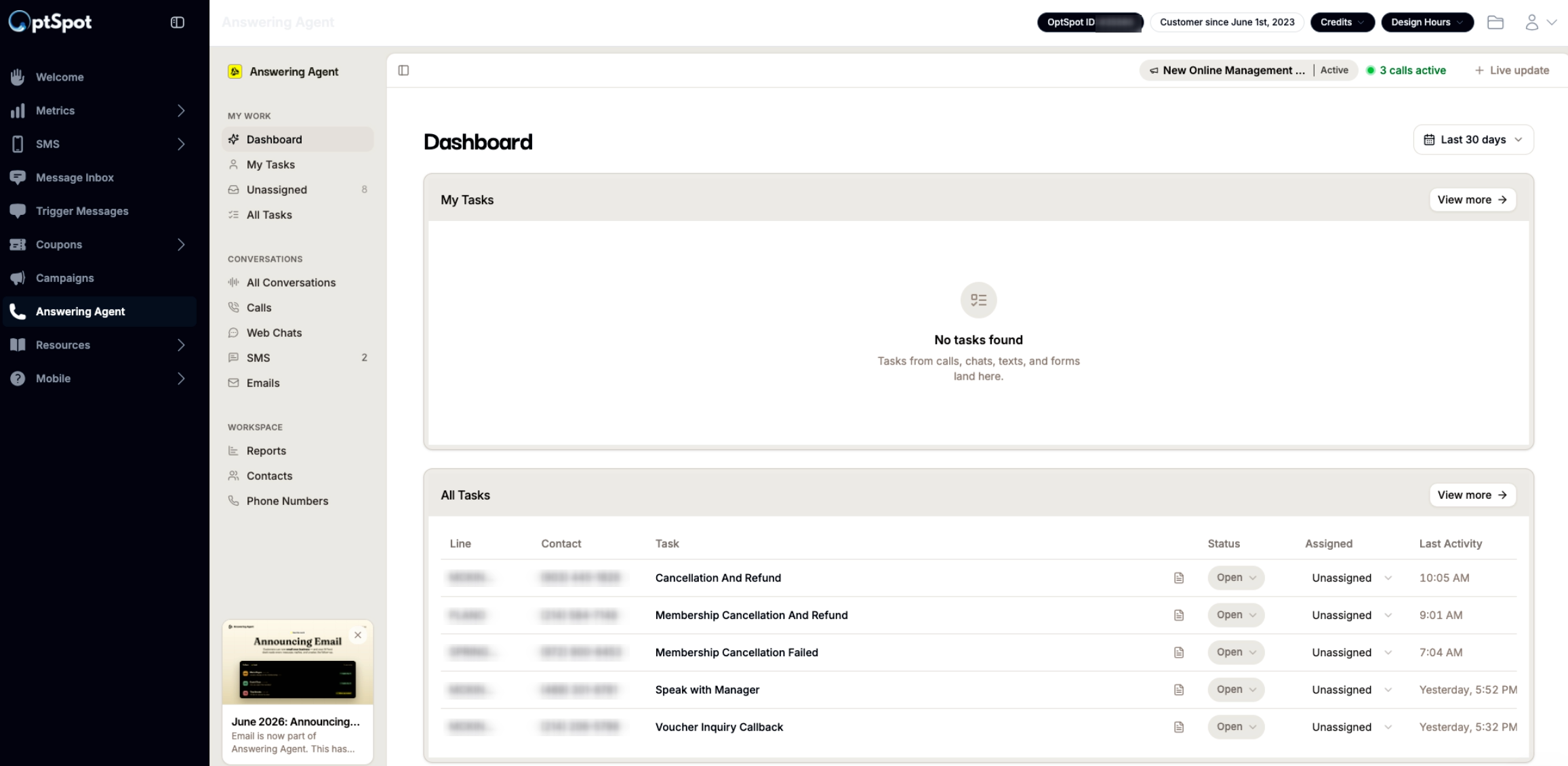 The Answering Agent dashboard running inside the OptSpot Hub, with the Hub sidebar on the left