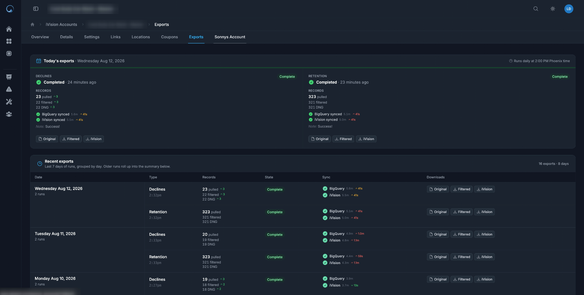 Sonny's export dashboard showing completed daily declines and retention syncs